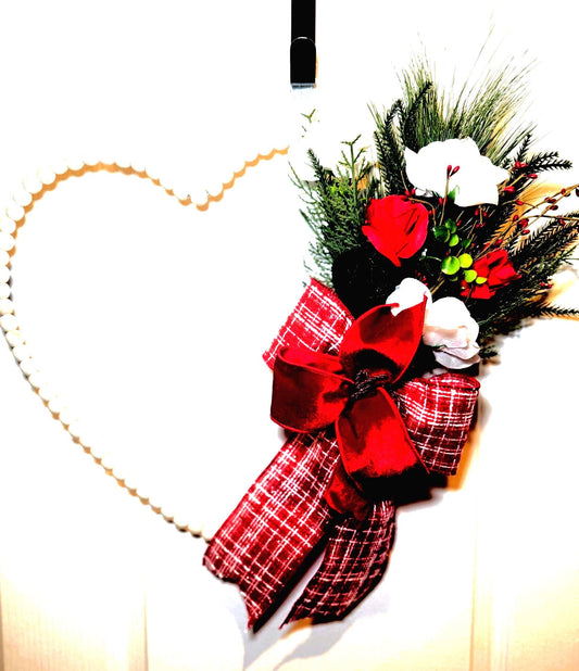 Valentine Heart Wreath with Red Velvet Bow and Silk Roses, Farmhouse Front Door Decor