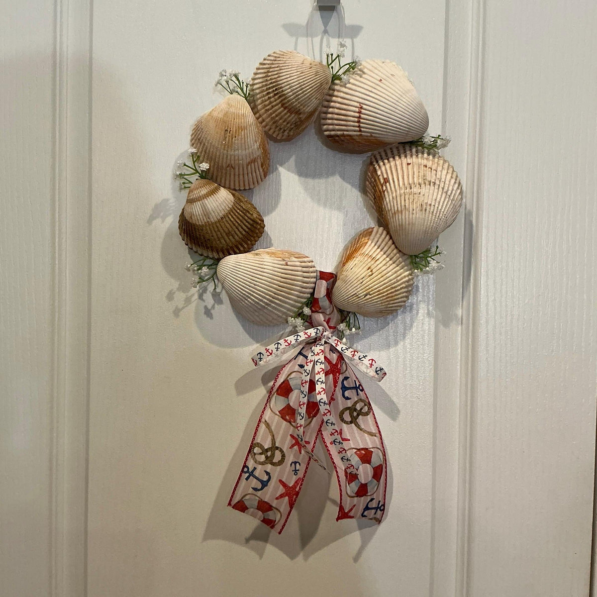 Seashell Wreath, Nautical Ribbon, Coastal Beach Decor, Door Hanger