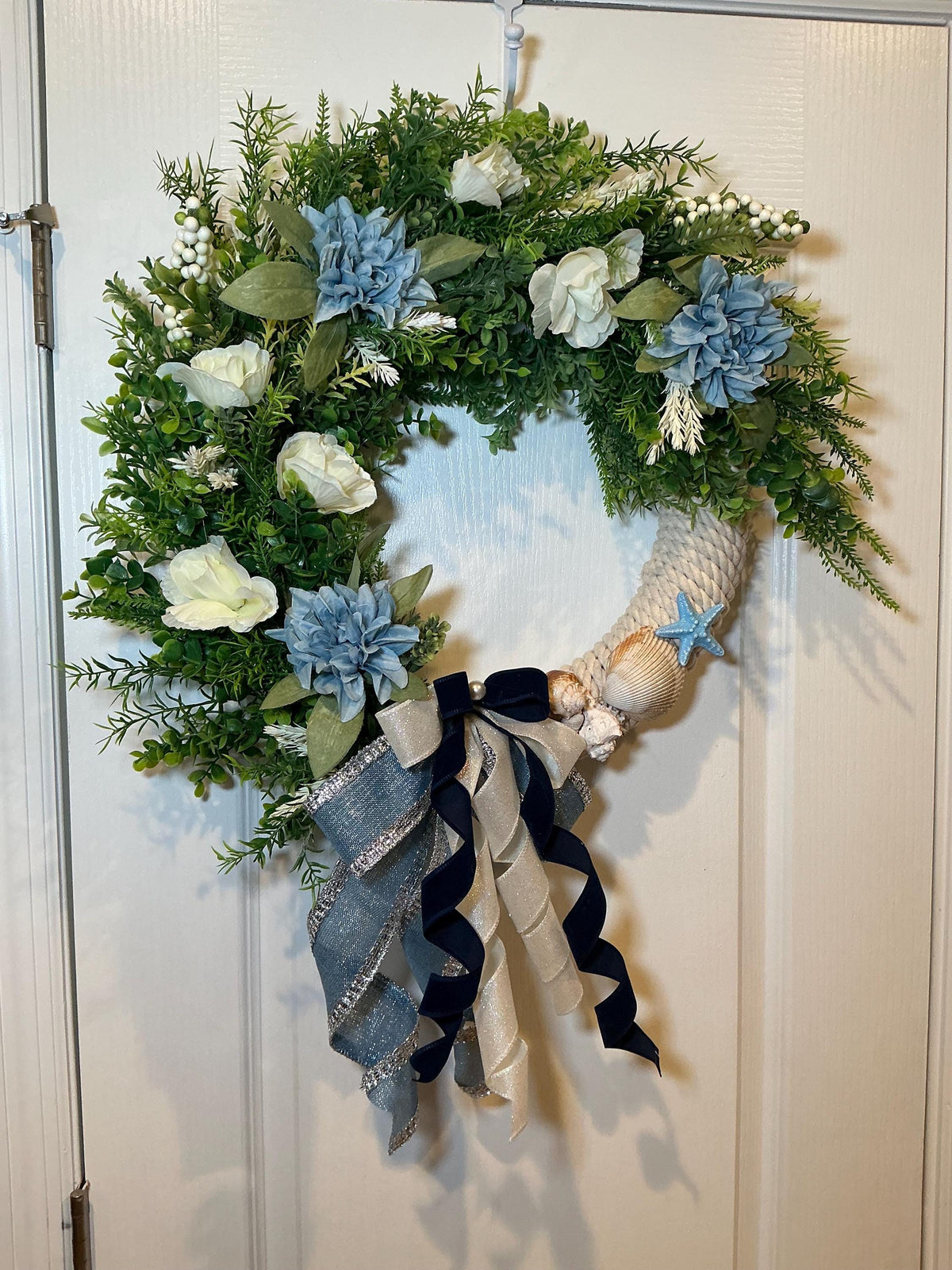 Blue Dahlia White Rose Coastal Wreath, Seashell Starfish, Navy Bow, Rope Base, 16 Inch Front Door Decor, Handmade