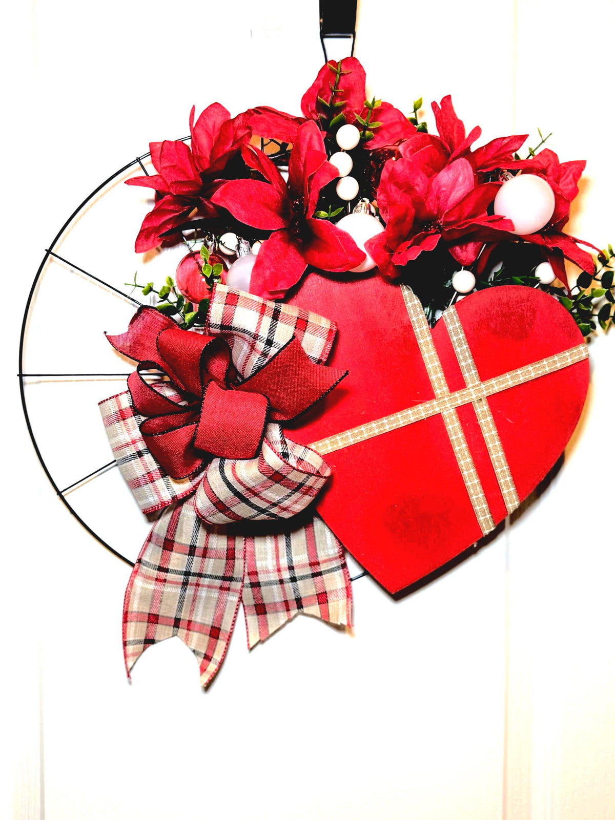 Farmhouse Valentine Heart Wreath, Red Plaid Bow, Berry Accents