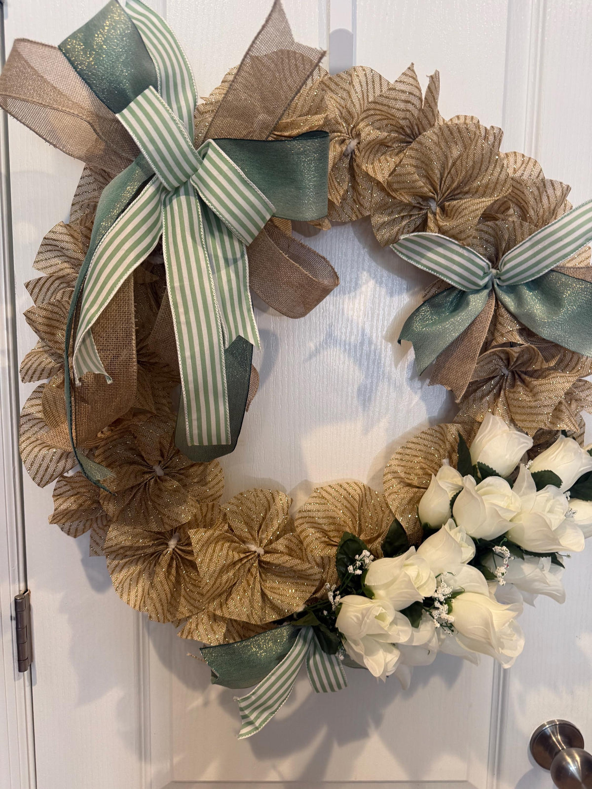 20 Inch Gold Burlap Rosette Wreath with White Roses and Sage Green Bow