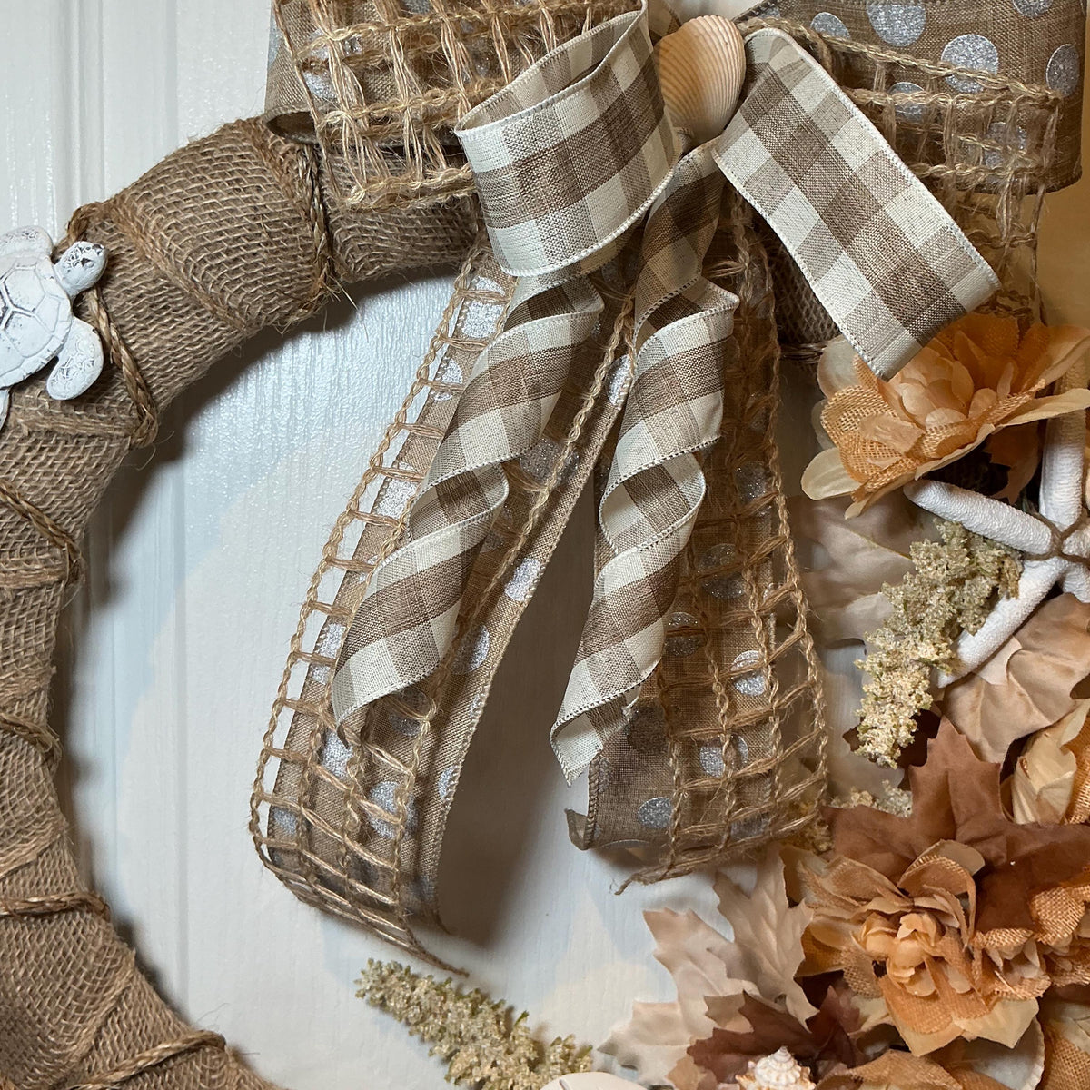 Coastal Burlap Wreath, 18 Inch Starfish Sand Dollar and Sea Turtle Door Decor