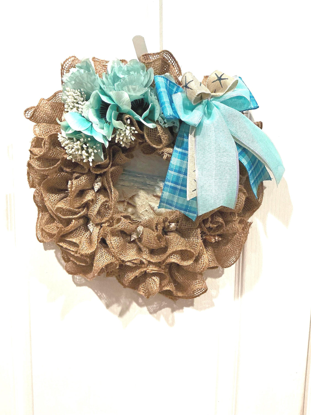 Coastal Burlap Wreath, Teal Aqua Seashell Sign, Nautical Beach Door Decor
