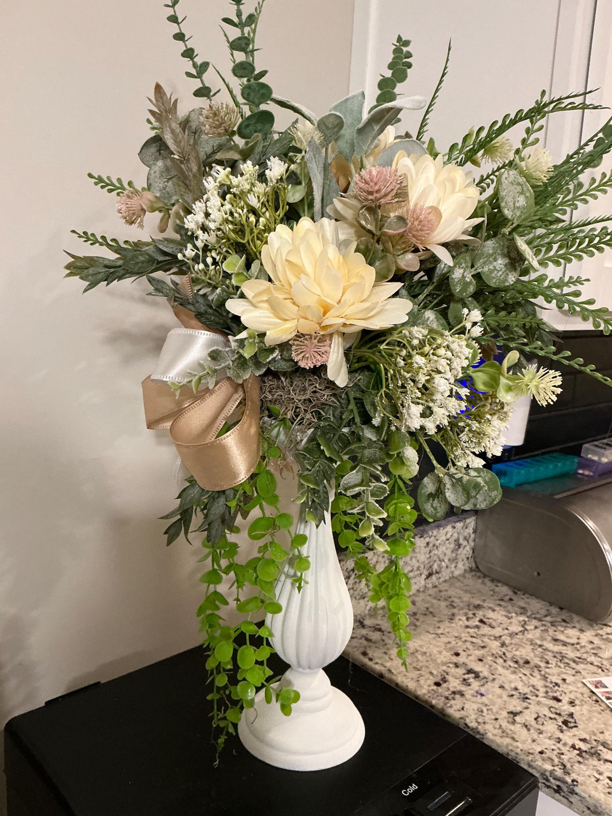 Floral Pedestal Arrangement, Cream Dahlias, Eucalyptus, Trailing Vine, Champagne Bow