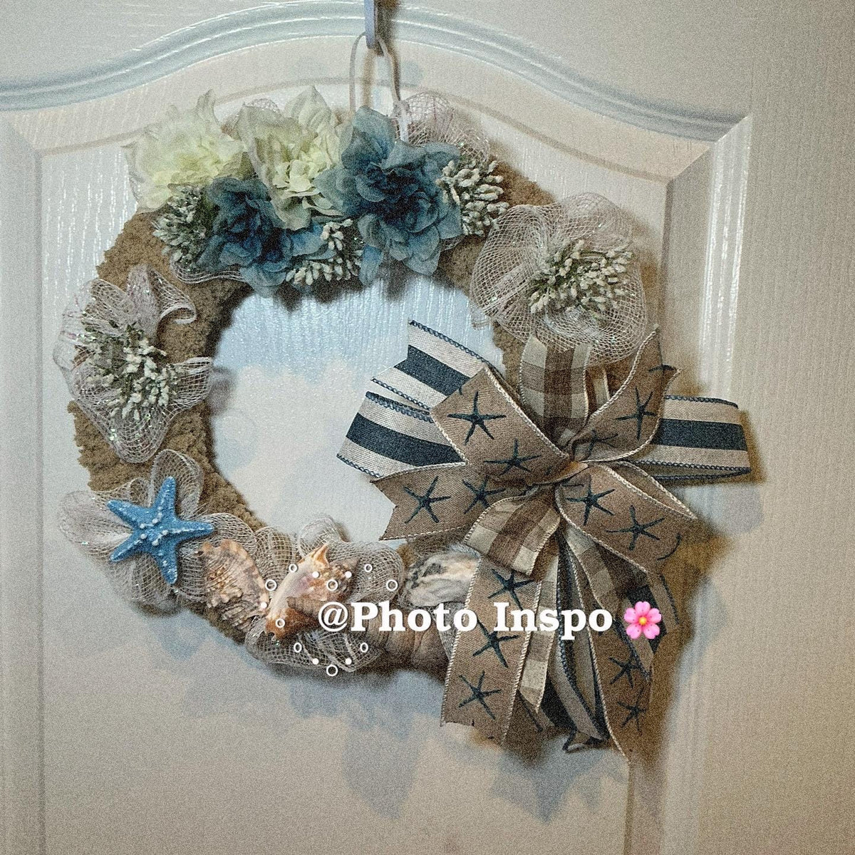 Chunky Yarn Space Saving Coastal Wreath with Starfish and Shells, Dusty Blue Door Decor