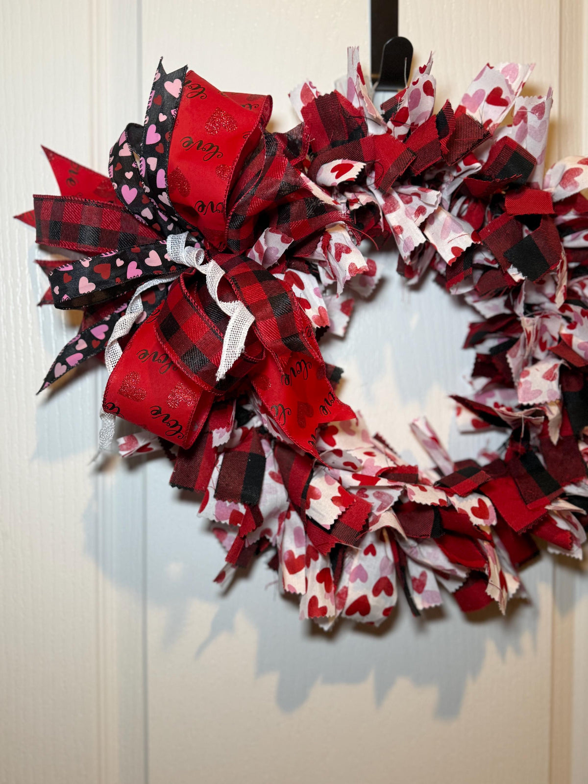 Buffalo Plaid Fabric Rag Wreath, Red Plaid Rustic Farmhouse Front Door Decor