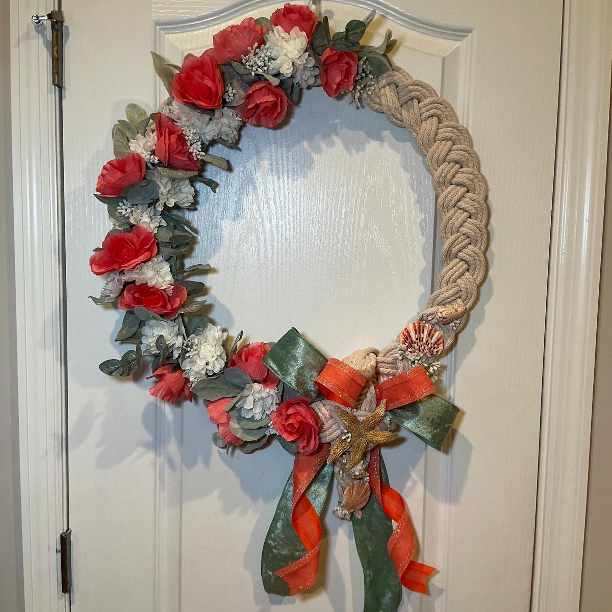 Handmade Coral Rose Coastal Wreath, Rope Nautical Beach Decor, Seashell Starfish Front Door Wreath
