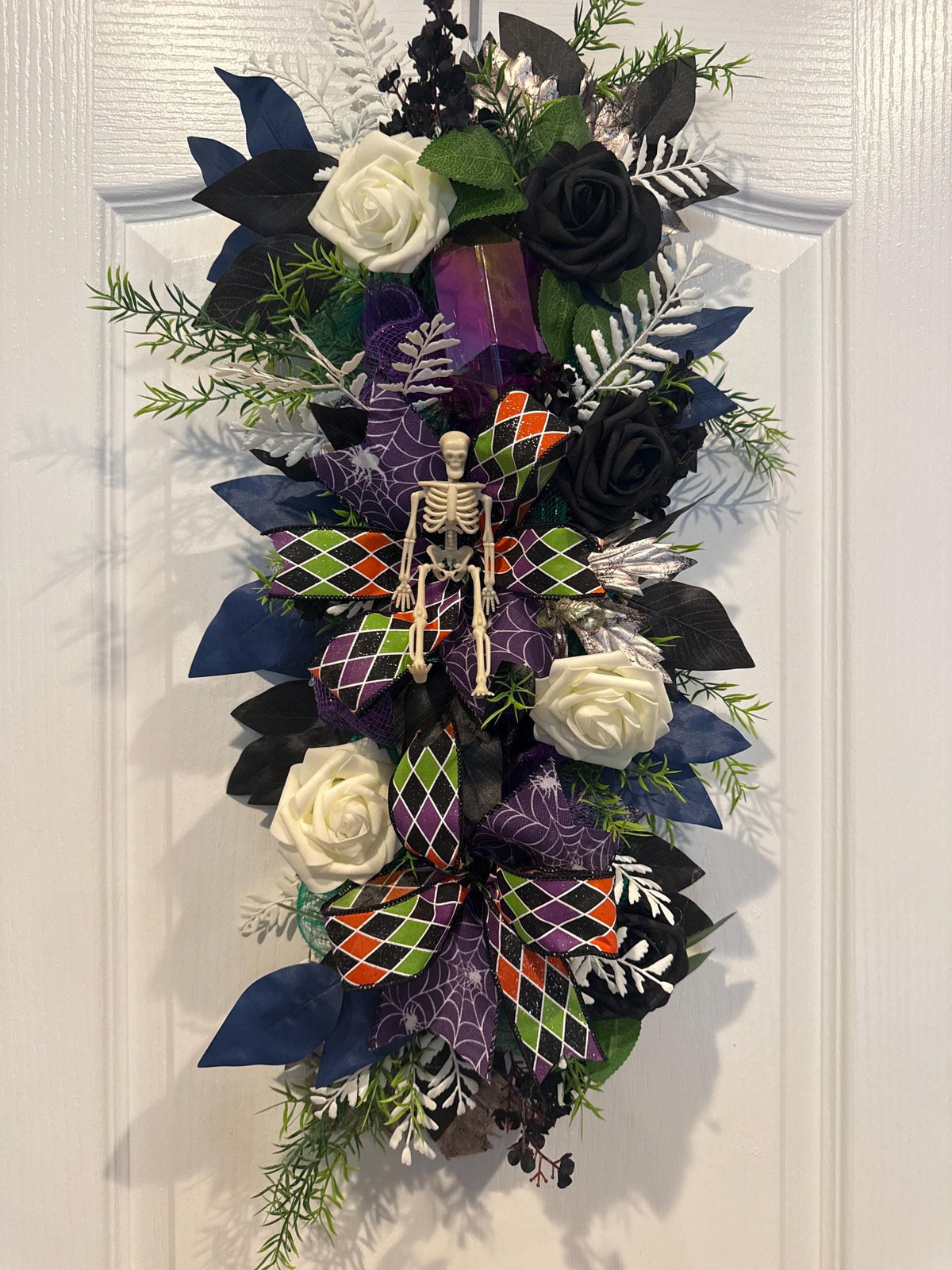 Gothic Halloween Floral Swag, Black Ivory Roses with Skeleton Spiderweb Bow