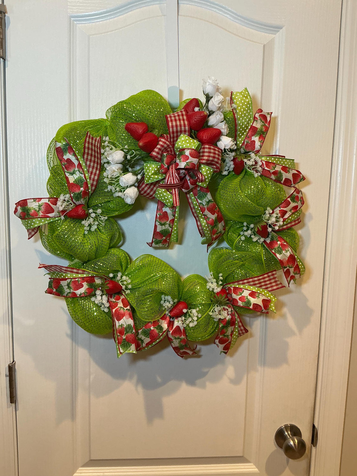 Strawberry Deco Mesh Wreath, Lime Green Front Door,  Berry Decor, Red Gingham