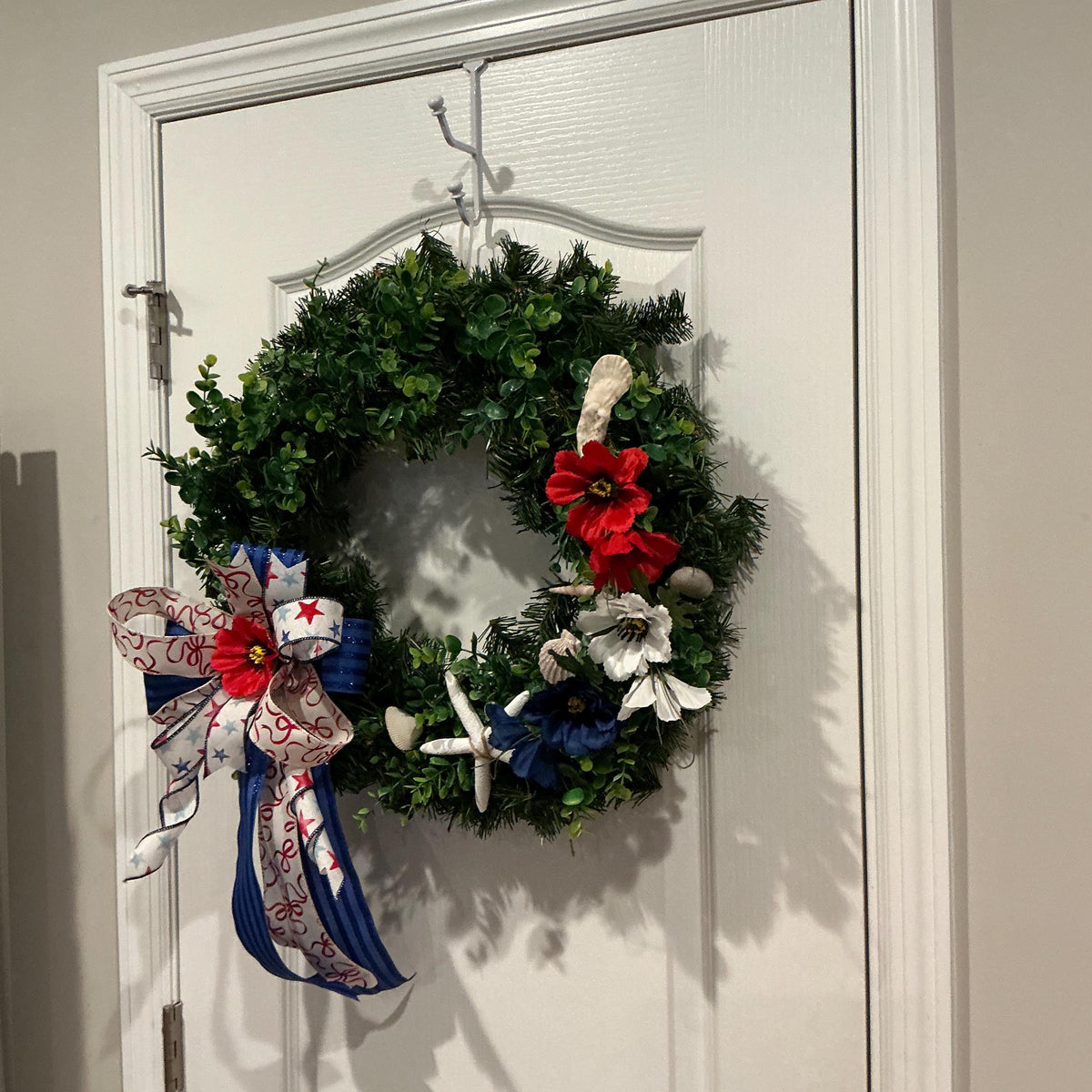Coastal Americana Wreath, Starfish Boxwood Patriotic Door Decor, Fourth of July Beach Accent