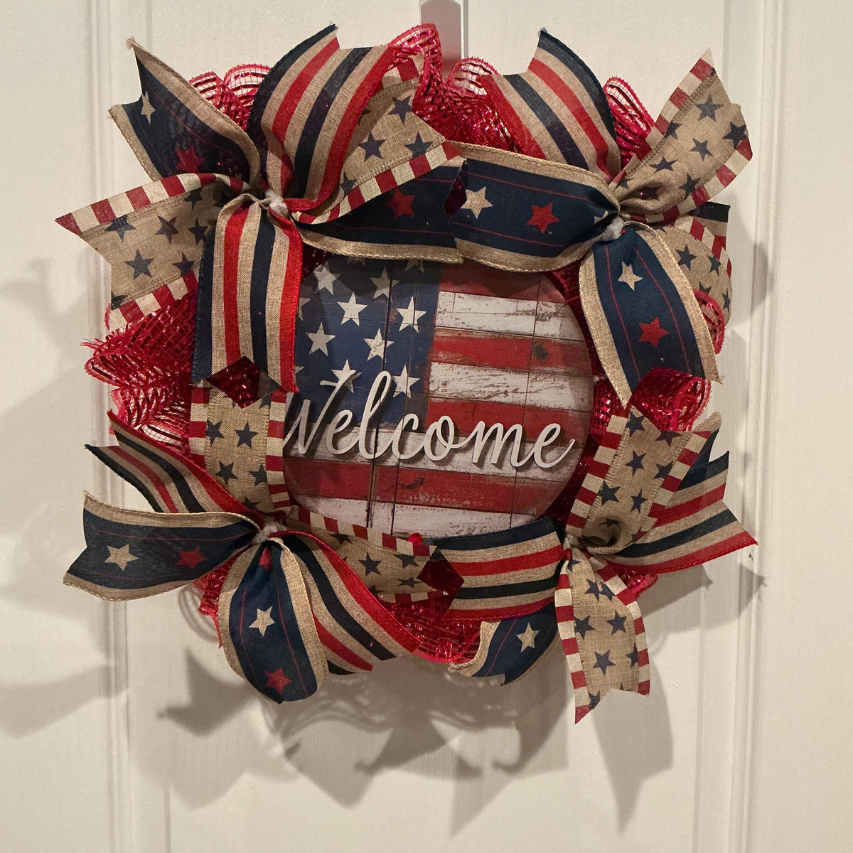 Americana Front Door Wreath, Fourth of July Decor, American Flag Welcome Sign, Rustic Farmhouse, Red White Blue, Memorial Day, Handmade