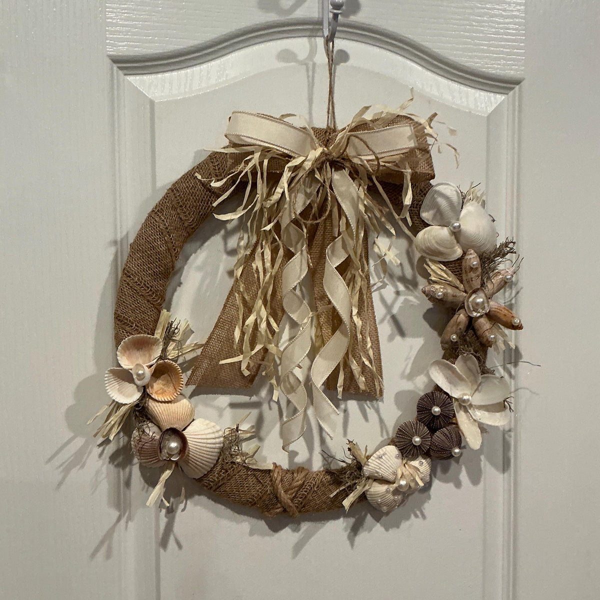Seashell Wreath, Coastal Farmhouse Style, Pearl Accents, Burlap Raffia Door Decor