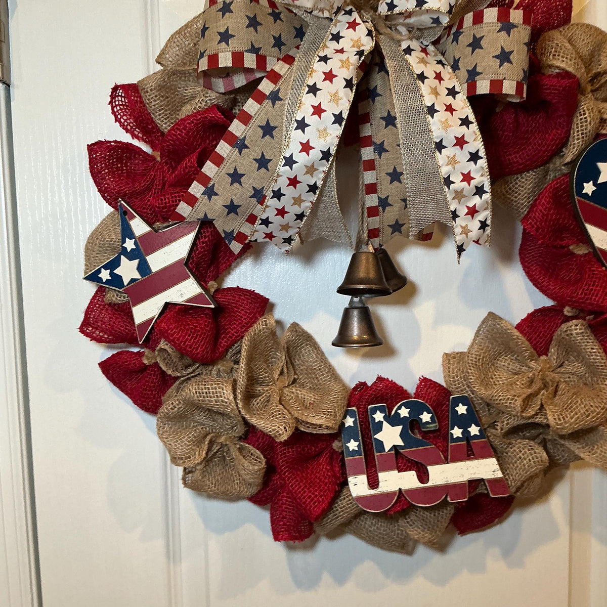 Rustic Burlap Bell Wreath, Star Heart Americana Decor, USA 250th Anniversary Red White Blue