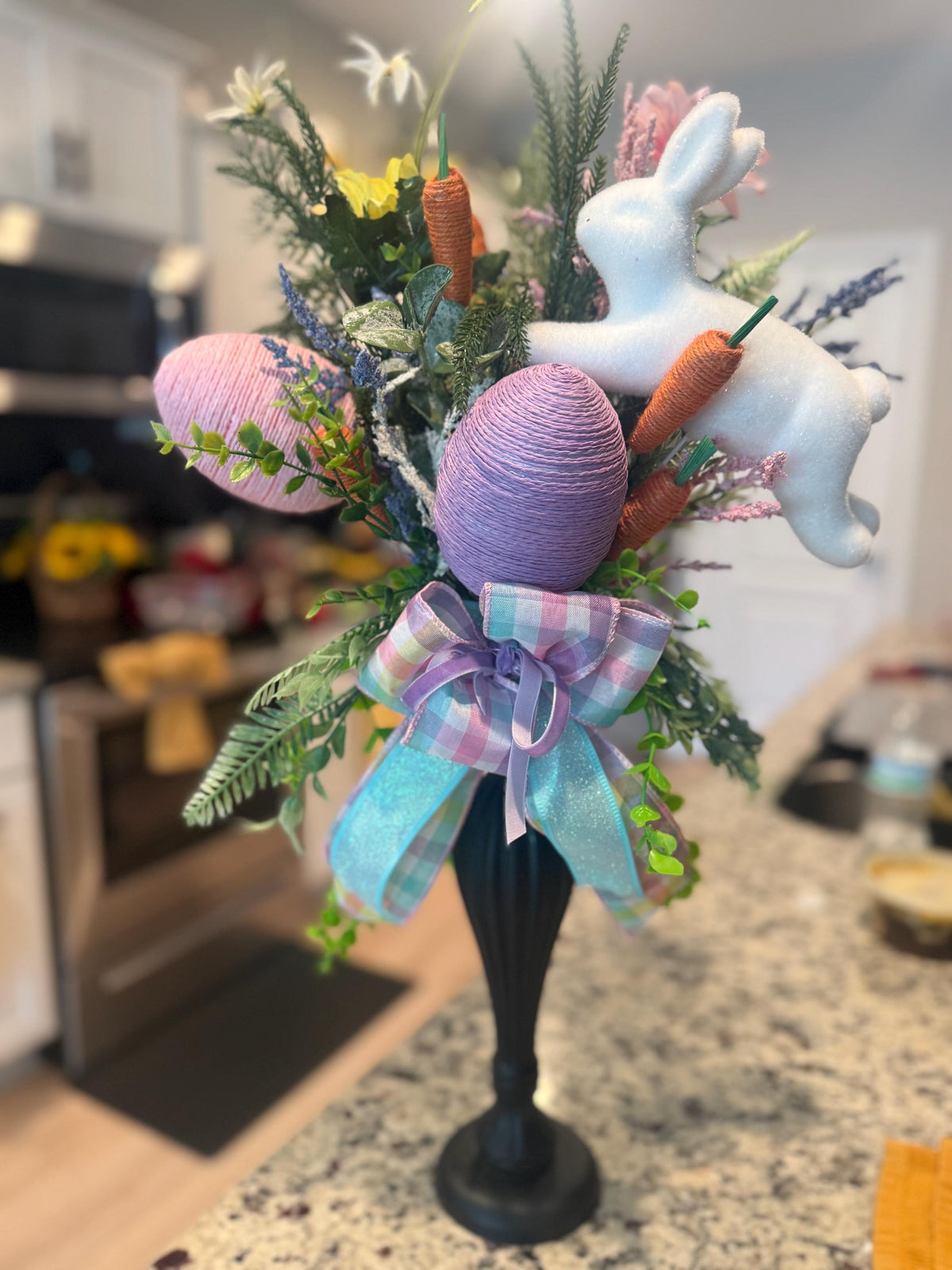 Handmade Pastel Easter Bunny Floral Centerpiece, Spring Decor Pedestal Arrangement