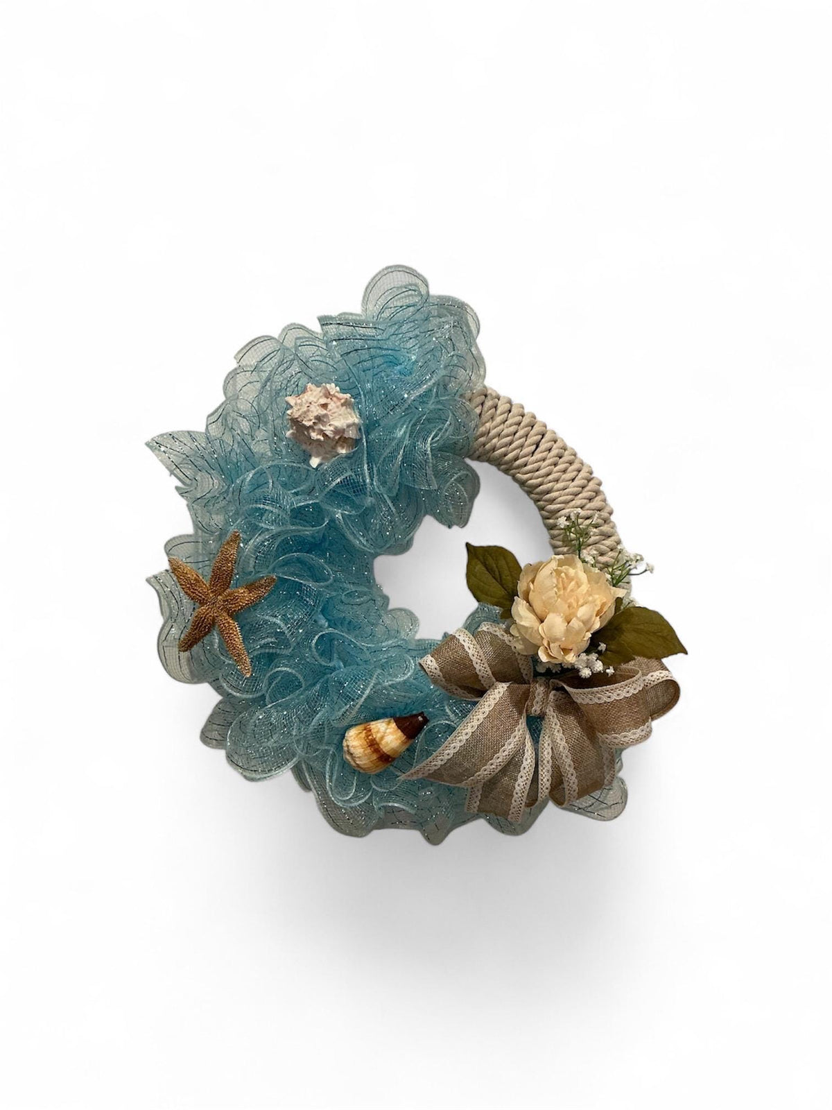 Coastal Beach Wreath with Seashells, Starfish, Rope, Burlap Bow – Front Door Decor