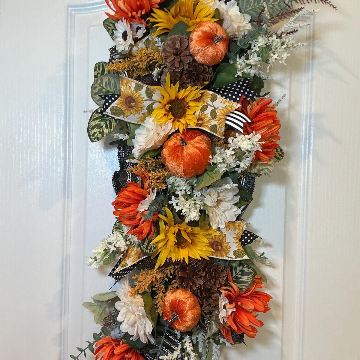 Fall Sunflower Door Swag, 22 Inch Pumpkin Floral Farmhouse Hanging Decor