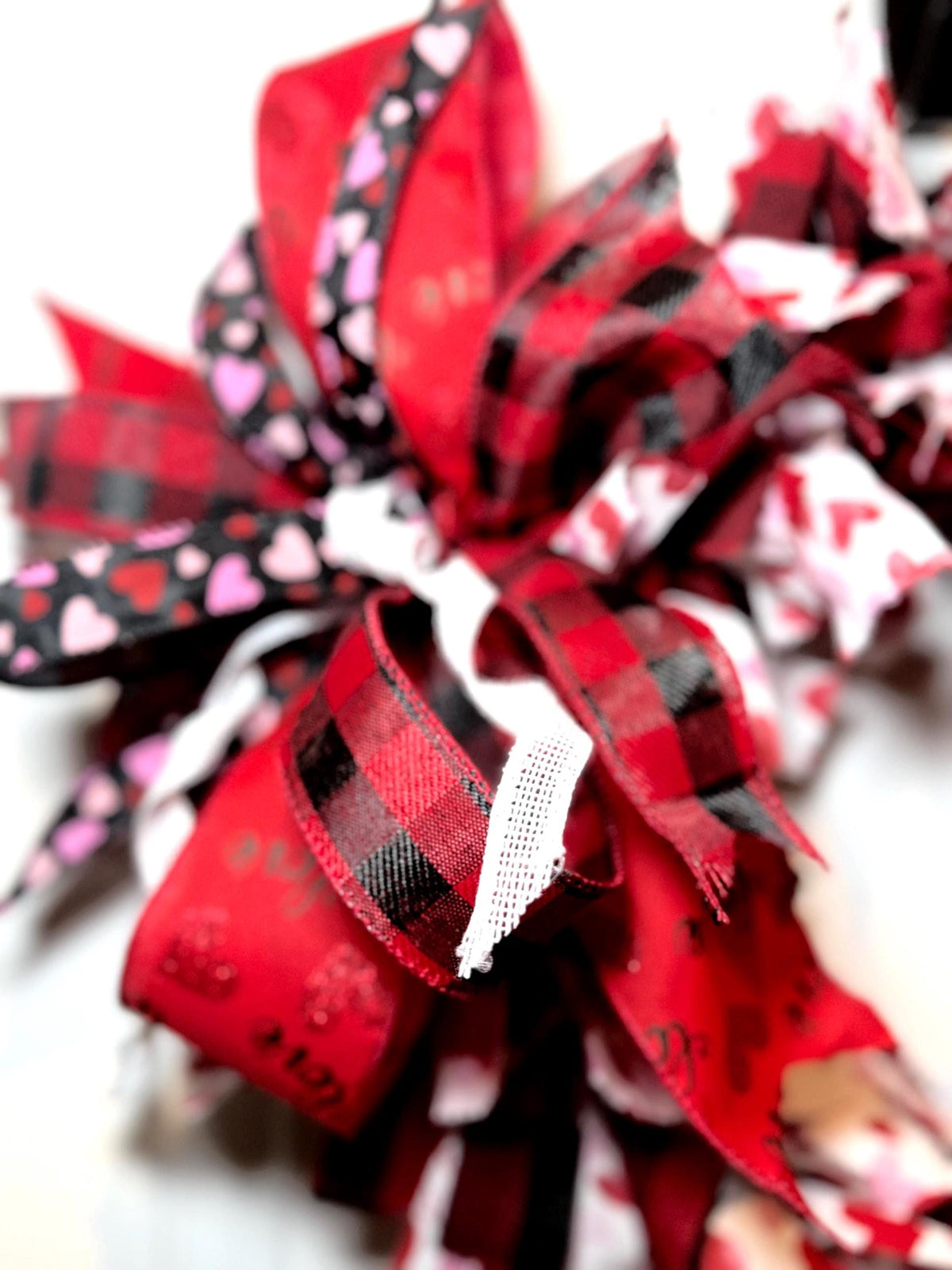 Buffalo Plaid Fabric Rag Wreath, Red Plaid Rustic Farmhouse Front Door Decor