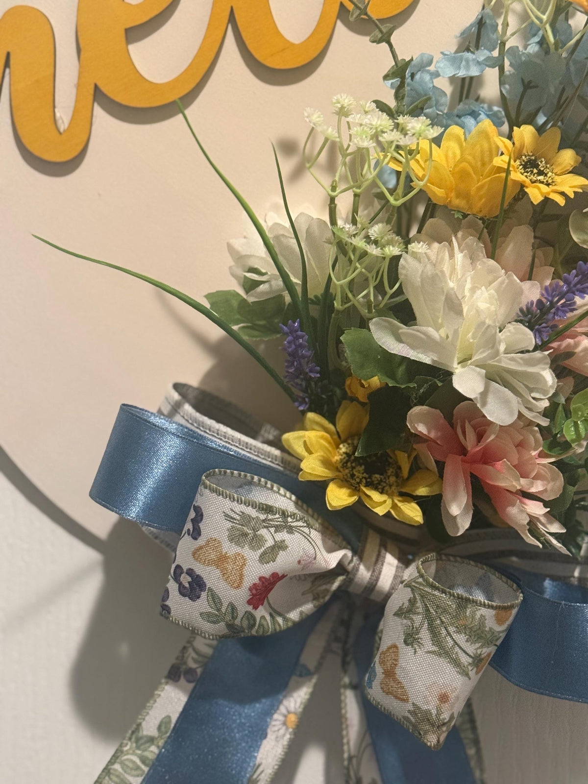 Blue Yellow White Hello Spring Floral Wreath with Handmade Bow, Front Door Decor
