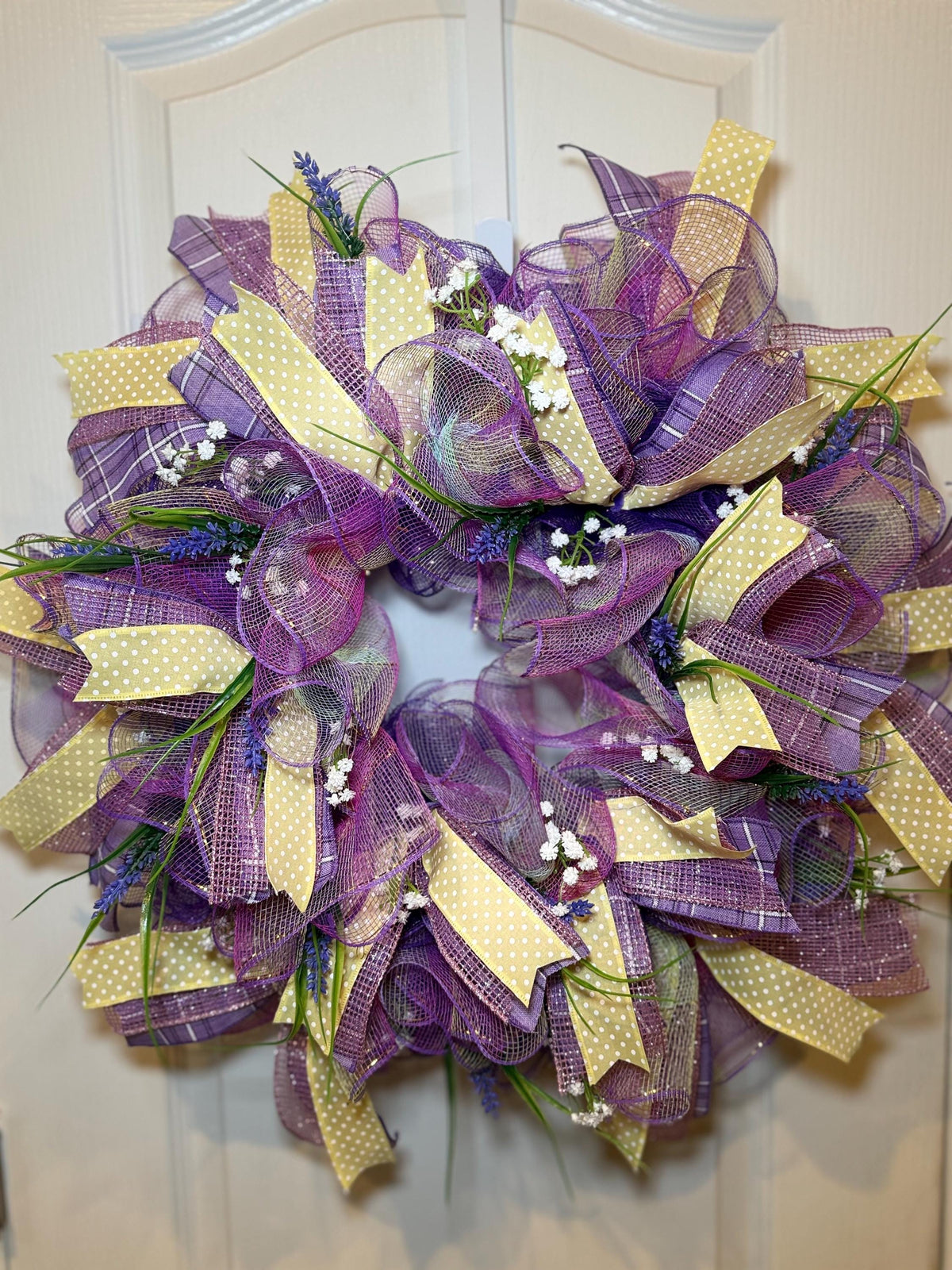 Purple Lavender Wreath, Farmhouse Style, Yellow Polka Dot Ribbon, Baby Breath Accents, 14 Inch