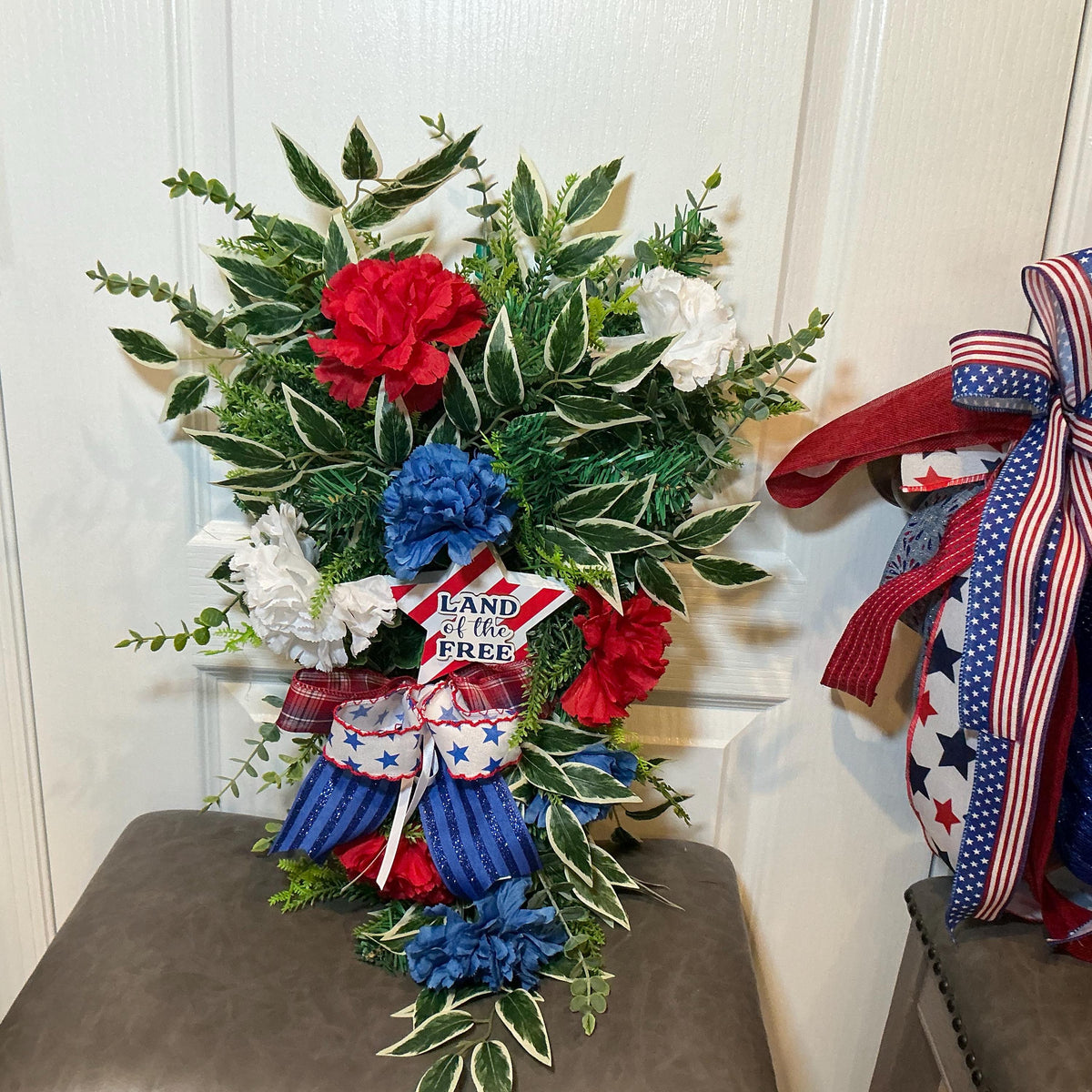 Americana Bundle Set of 2, Land of the Free Americana Swag and Blue Star Wreath, Fourth of July Decor, Red White Blue Handmade Gift