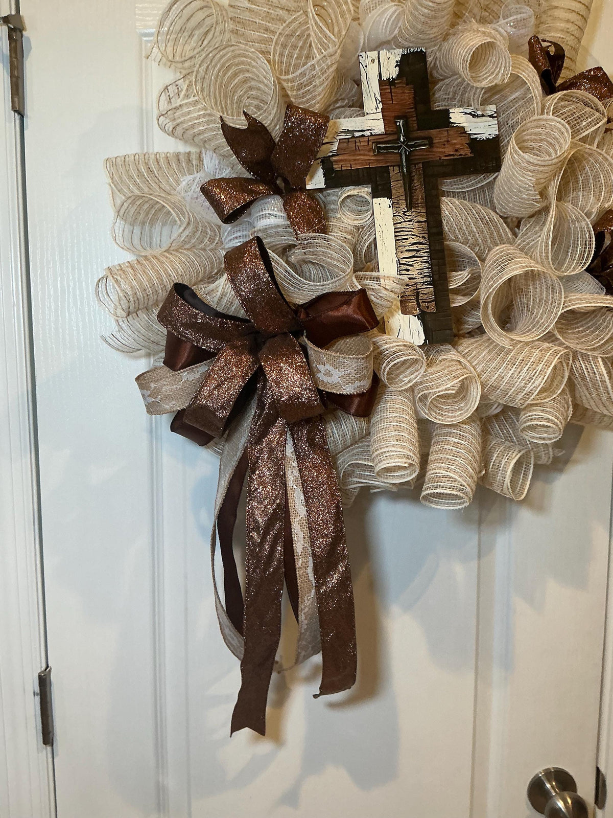 Brown Cream Cross Wreath, Rustic Farmhouse Faith Decor, Religious Christian Church Entryway Sign