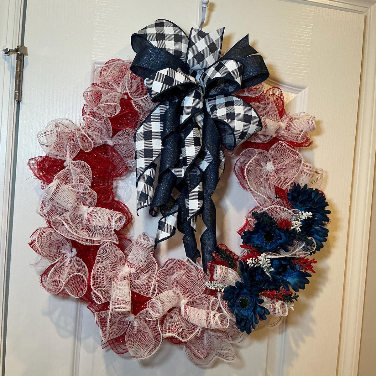 Buffalo Check Bow Wreath, Navy Daisy Red White Blue Deco Mesh, Fourth of July Americana Decor