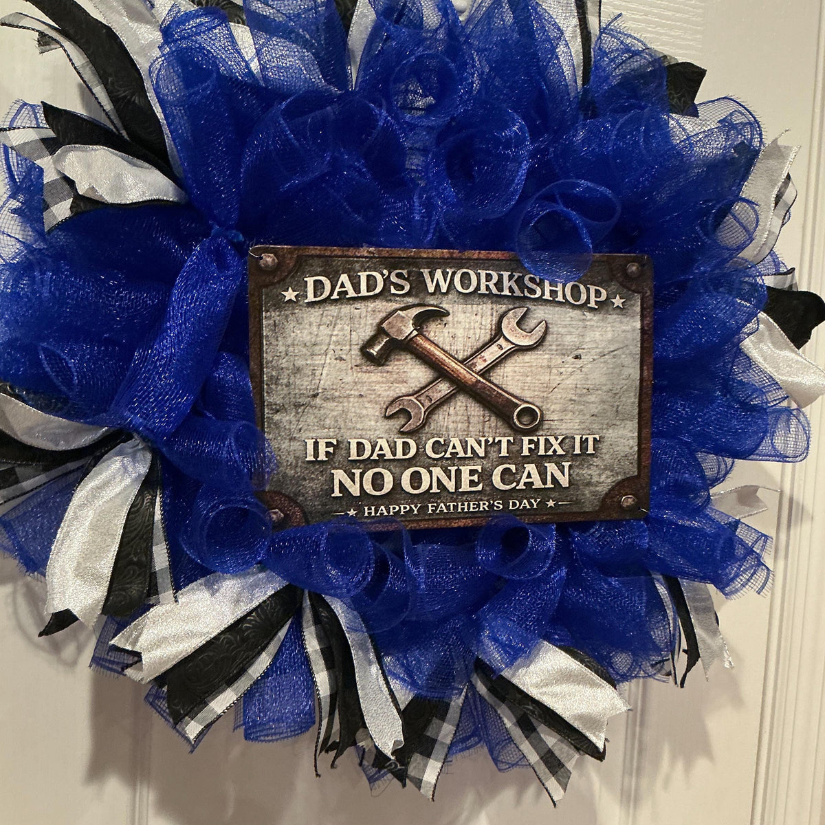 Dad’s Workshop Father’s Day Wreath, If Dad Can’t Fix It No One Can, Man Cave Door Decor, Handmade Gift for Him