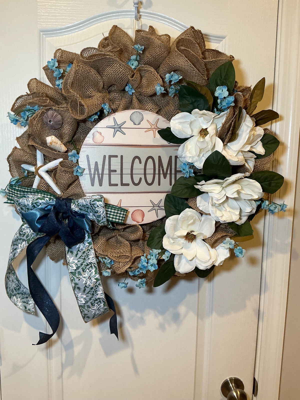 Magnolia Coastal Burlap Wreath, Seashell Starfish Welcome Sign, Beach House Decor