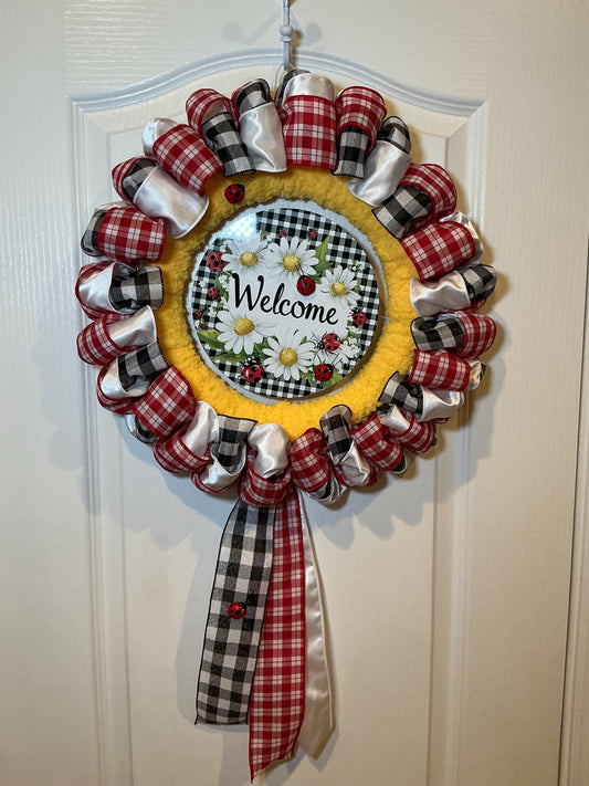 Ladybug Wreath for Front Door, Welcome Wreath, Daisy Ladybug Decor, Farmhouse, Buffalo Check Handmade Gift