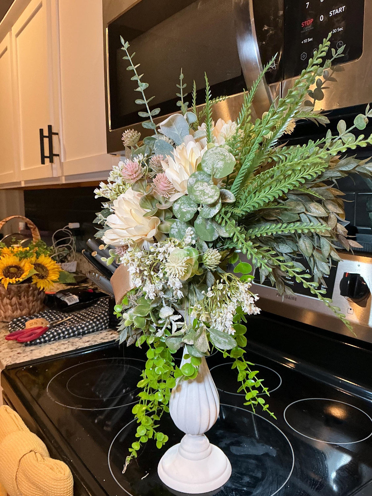 Floral Pedestal Arrangement, Cream Dahlias, Eucalyptus, Trailing Vine, Champagne Bow