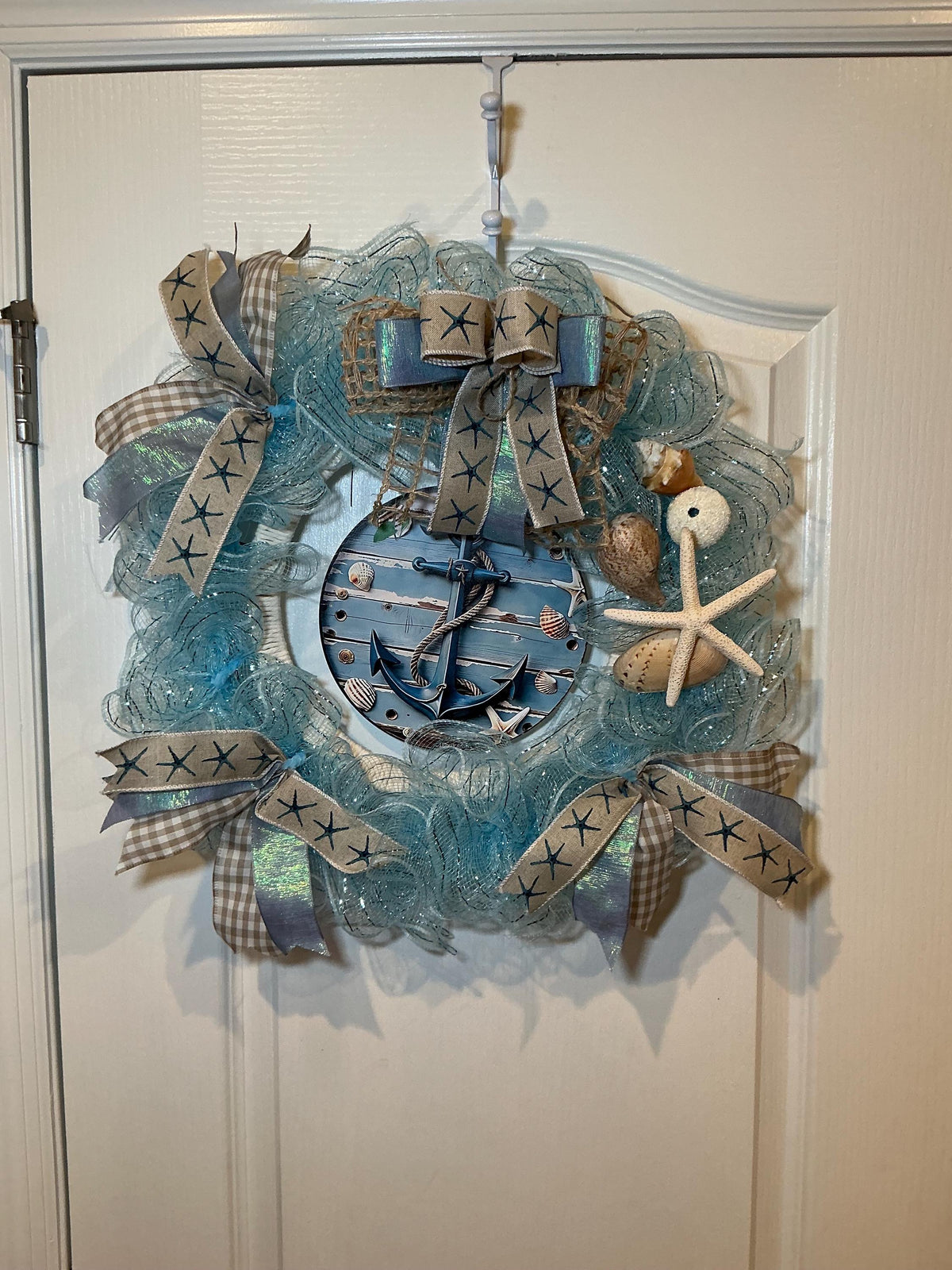 Ocean Blue Coastal Seashell Wreath with Starfish and Rope, Summer Front Door Decor