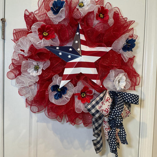 Red White Blue Star Wreath, Fourth of July Front Door Decor, American Flag Deco Wreath, Patriotic Star Sign, Handmade NC