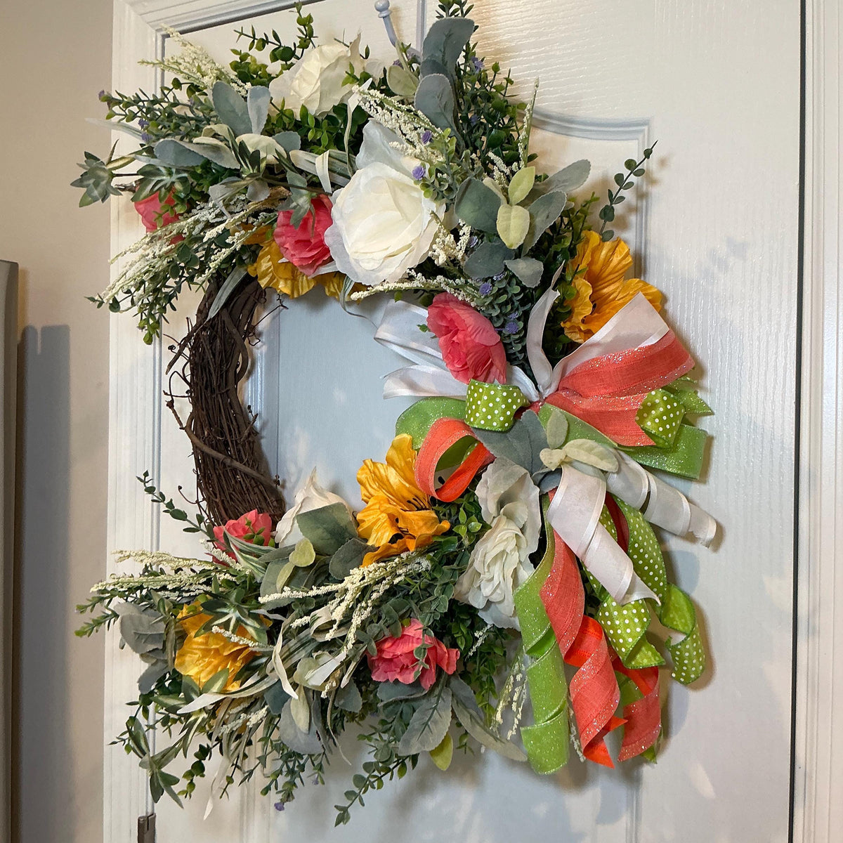 Grapevine Wreath, Coral Rose Sunflower Front Door Decor, Farmhouse Housewarming Gift, Mothers Day Wreath