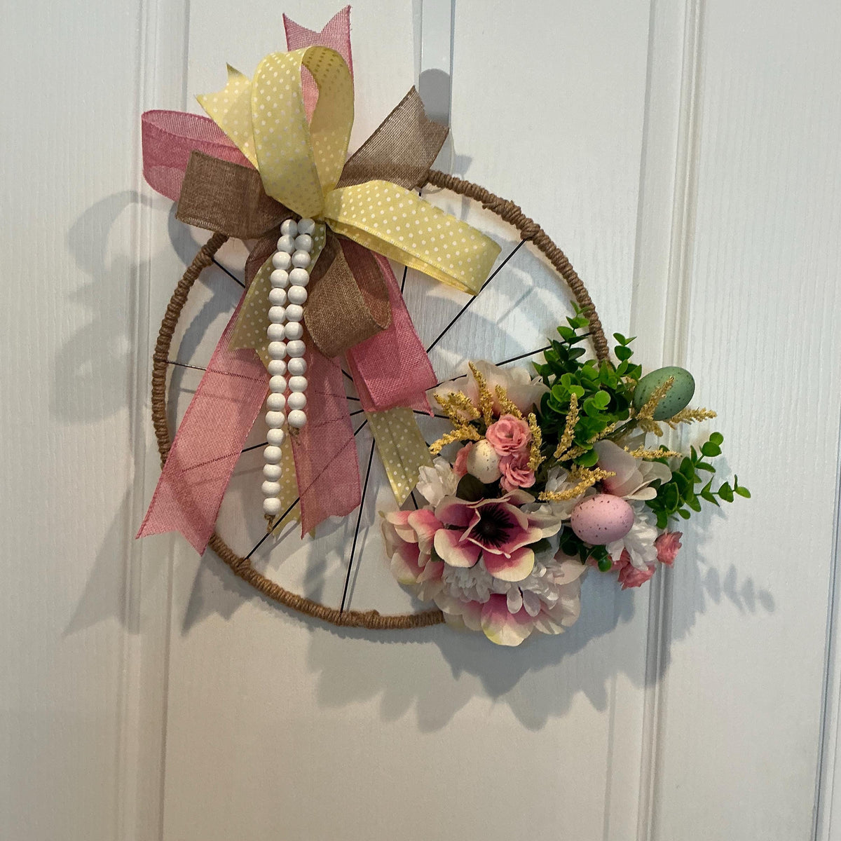 Handcrafted Easter Spoke Wheel Wreath, 14 Inch Farmhouse Spring Door Decor