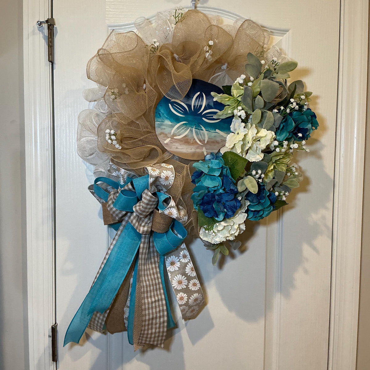 Coastal Sand Dollar Wreath, Blue Teal Hydrangea Beach Decor, Lambs Ear Summer Wreath