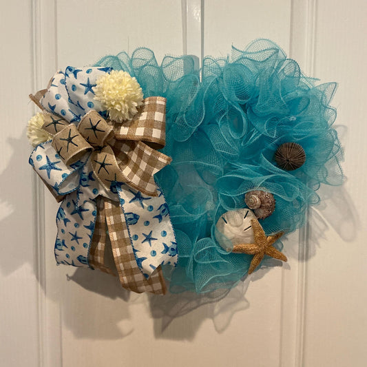 Handmade Turquoise Heart Wreath, Coastal Beach Decor, Seashell Starfish Door Hanger