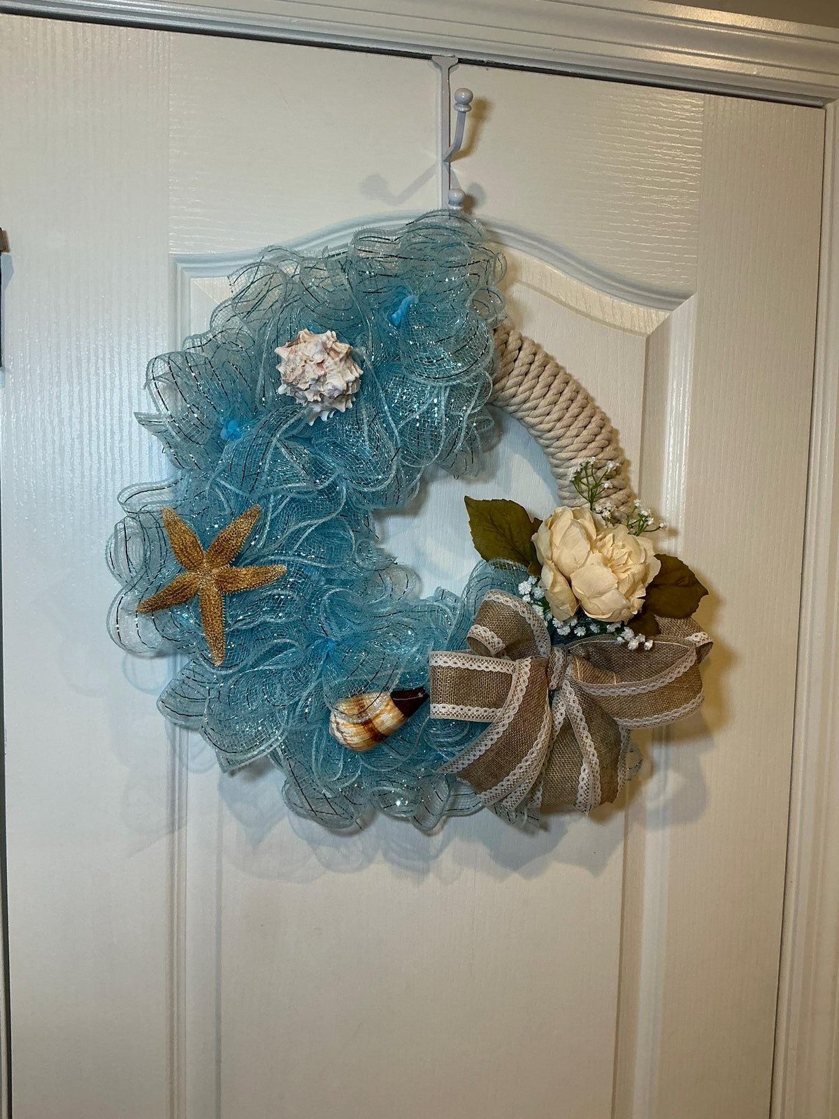 Coastal Beach Wreath with Seashells, Starfish, Rope, Burlap Bow – Front Door Decor