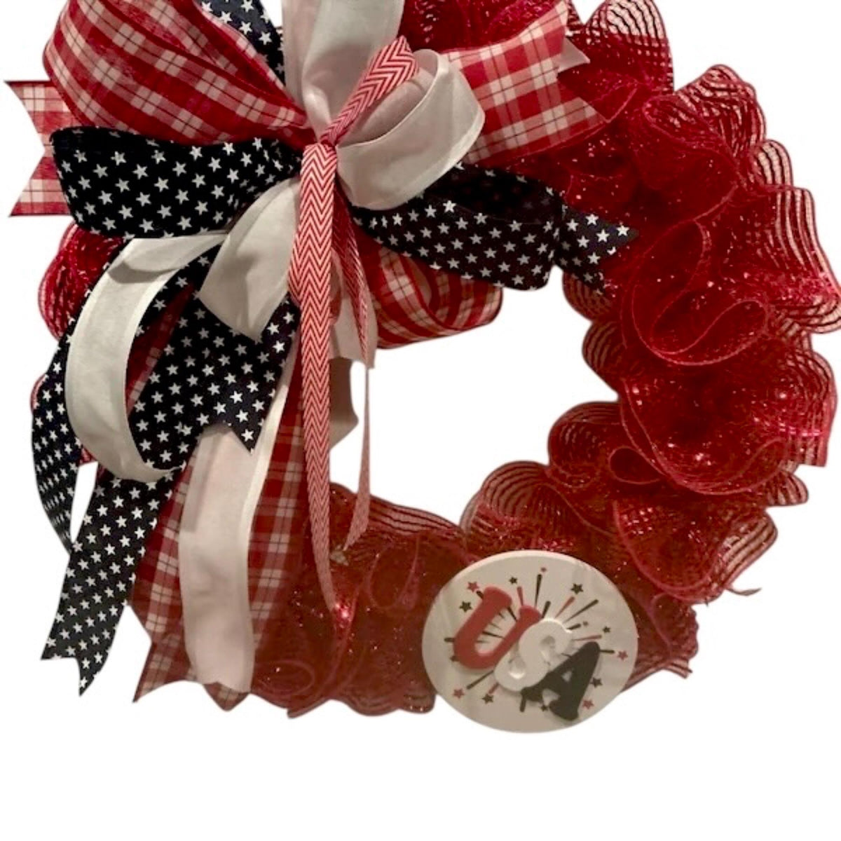 Front Door Wreath, Americana USA Sign, Fourth of July Red White Blue, Red Glitter Mesh, Memorial Day Independence Day Wreath