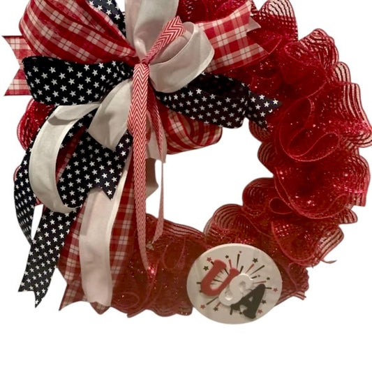 Front Door Wreath, Americana USA Sign, Fourth of July Red White Blue, Red Glitter Mesh, Memorial Day Independence Day Wreath