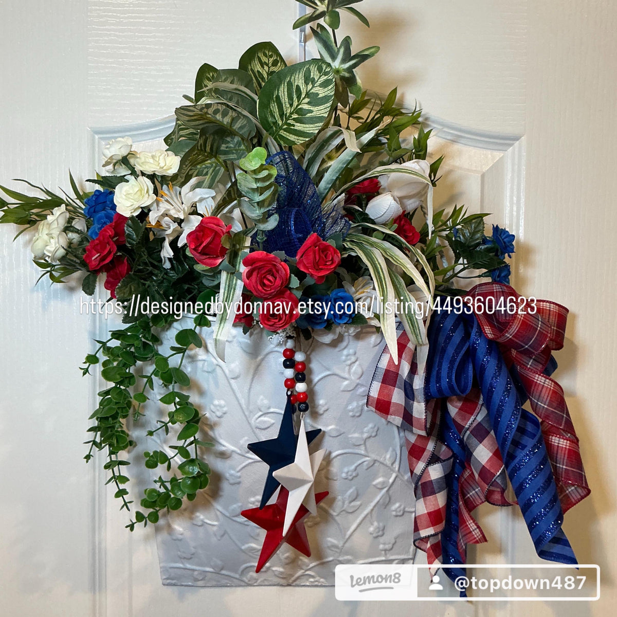 Wall Pocket Basket, Fourth of July Metal Planter, Red White Blue Floral Patriotic Front Door Decor