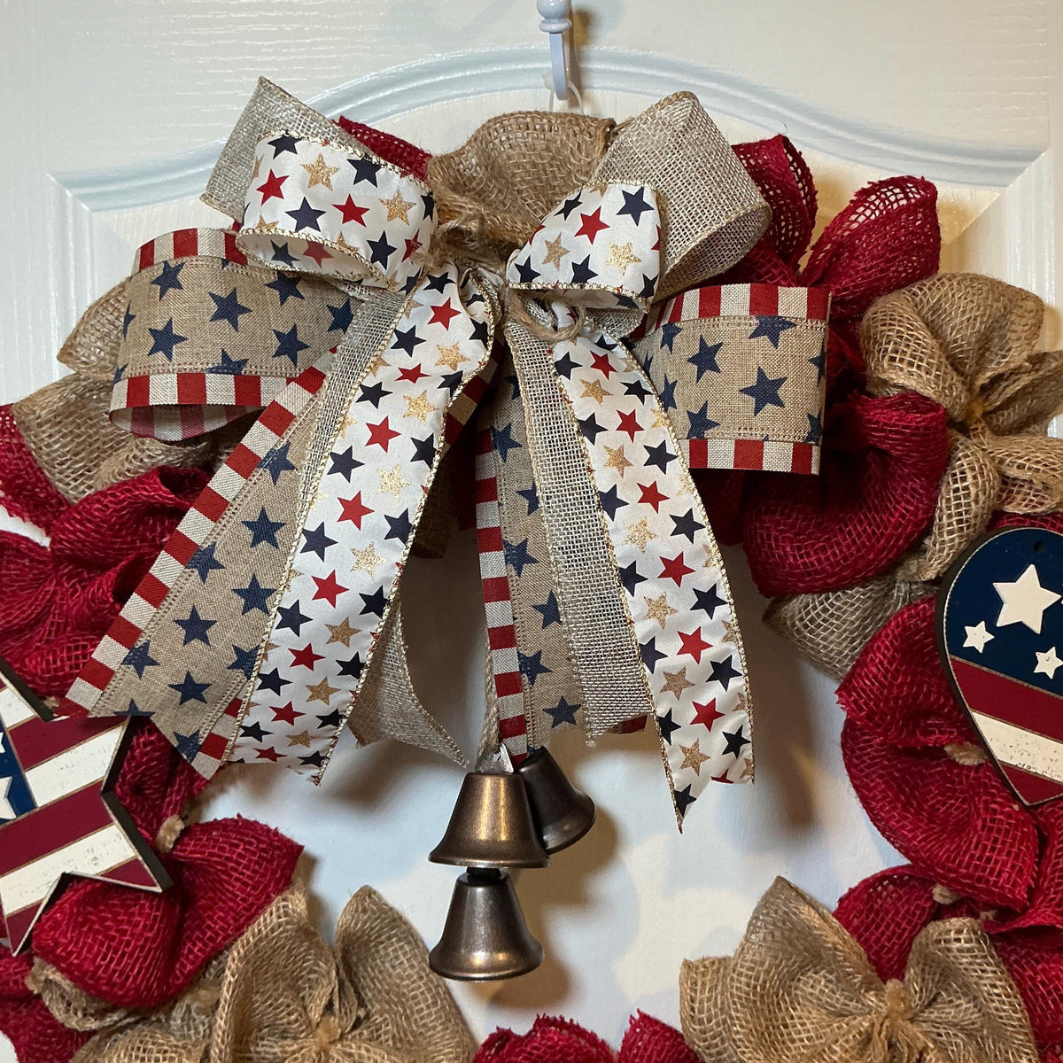 Rustic Burlap Bell Wreath, Star Heart Americana Decor, USA 250th Anniversary Red White Blue