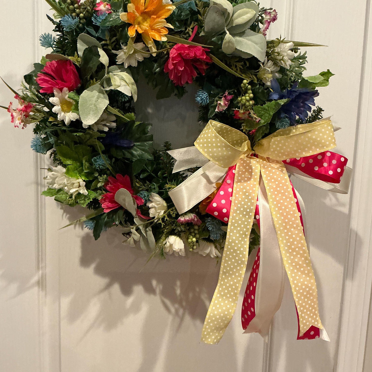 Wildflower Wreath, Red Orange Blue Floral Decor, Farmhouse Front Door Wreath, Housewarming Gift, Handmade