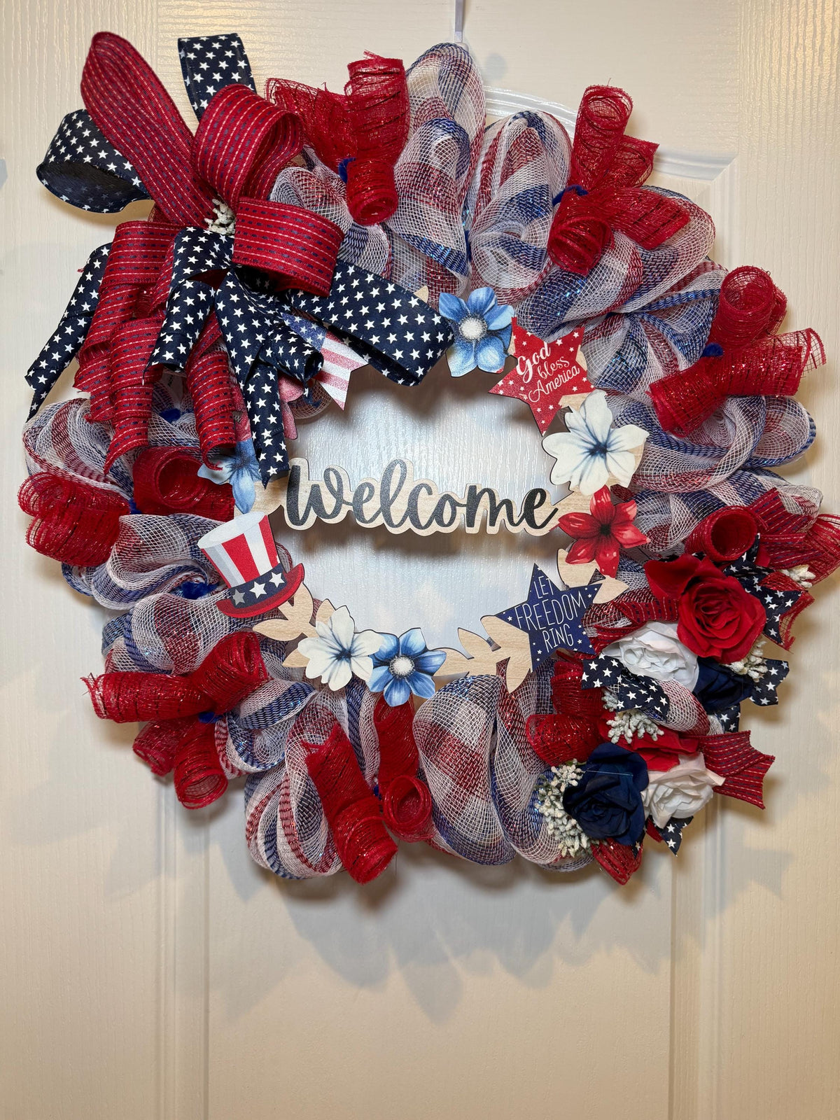 Patriotic Welcome Wreath with Red White Blue Polka Dot Bow and Star, Fourth of July Door Decor