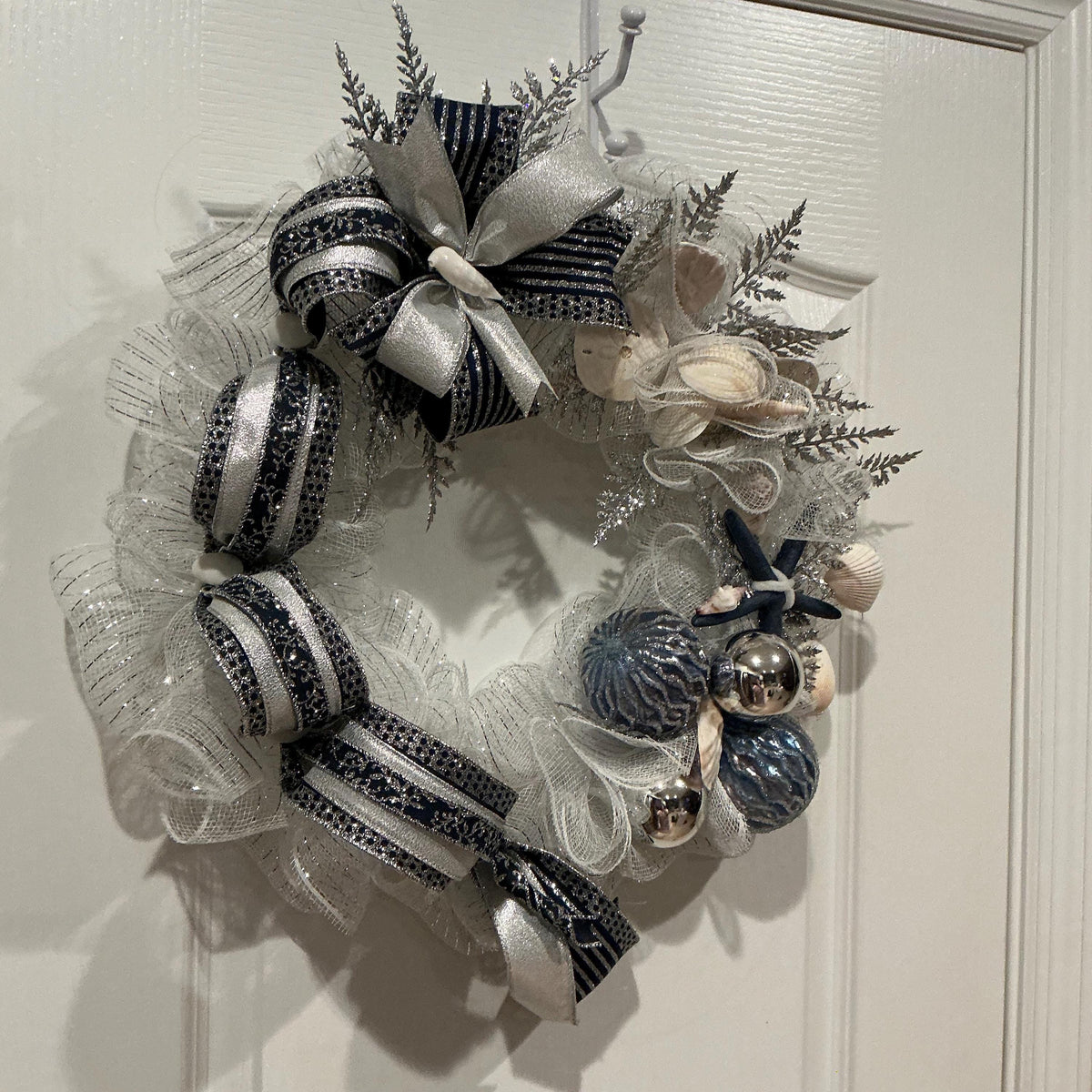 Navy Silver Coastal Christmas Wreath with Seashells and Starfish, Space Saver Door Decor