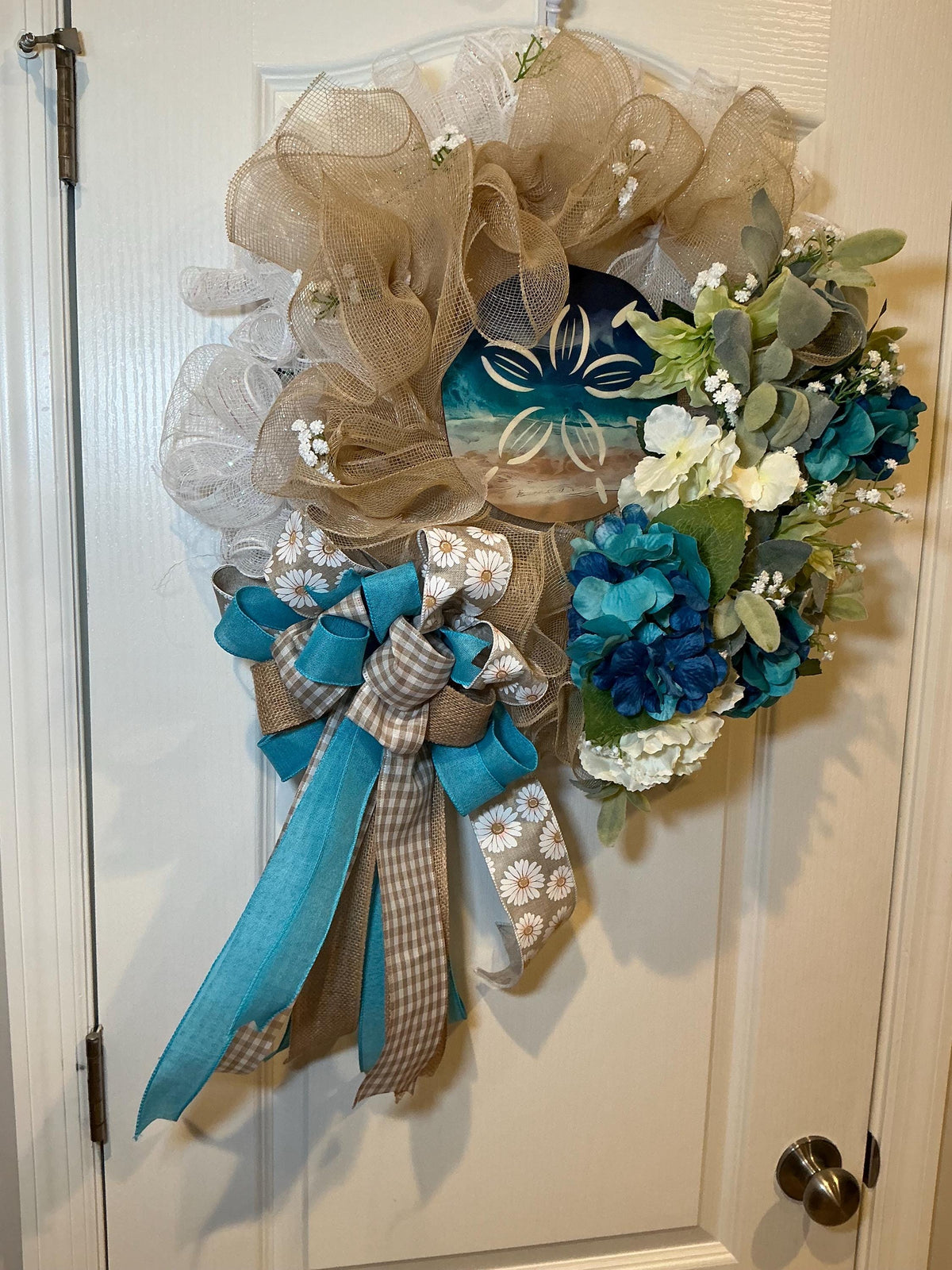 Coastal Sand Dollar Wreath, Blue Teal Hydrangea Beach Decor, Lambs Ear Summer Wreath