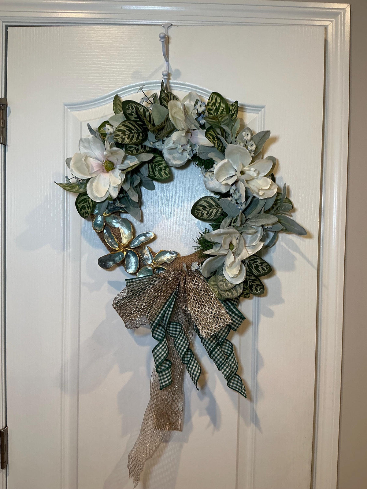 White Magnolia Wreath, Green Gingham Bow, Year-Round Farmhouse Door Decor