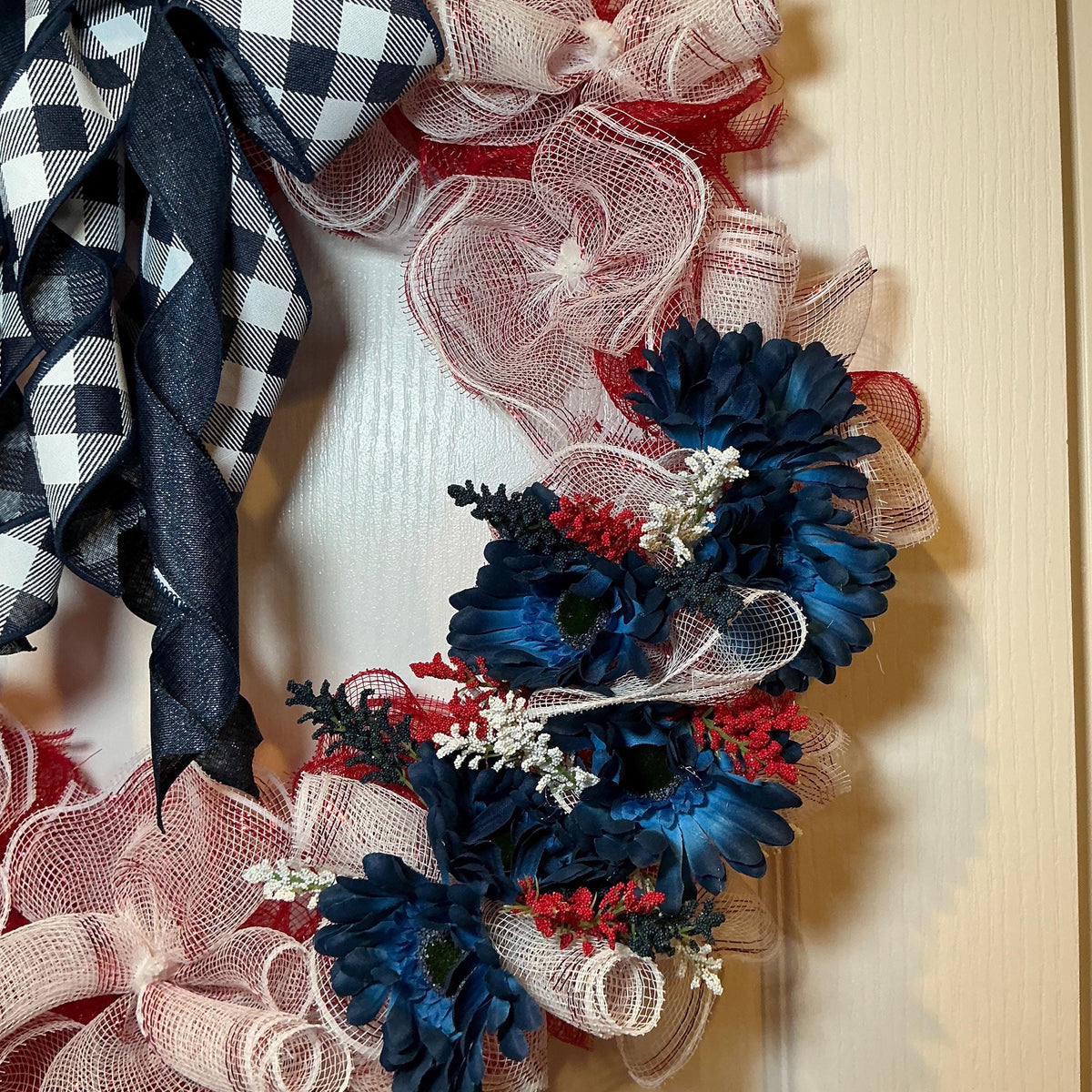 Buffalo Check Bow Wreath, Navy Daisy Red White Blue Deco Mesh, Fourth of July Americana Decor