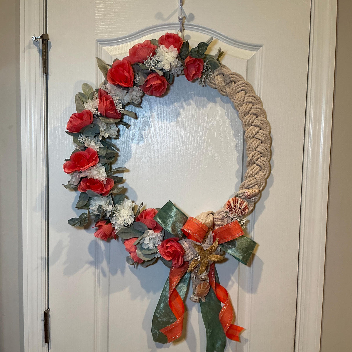 Handmade Coral Rose Coastal Wreath, Rope Nautical Beach Decor, Seashell Starfish Front Door Wreath