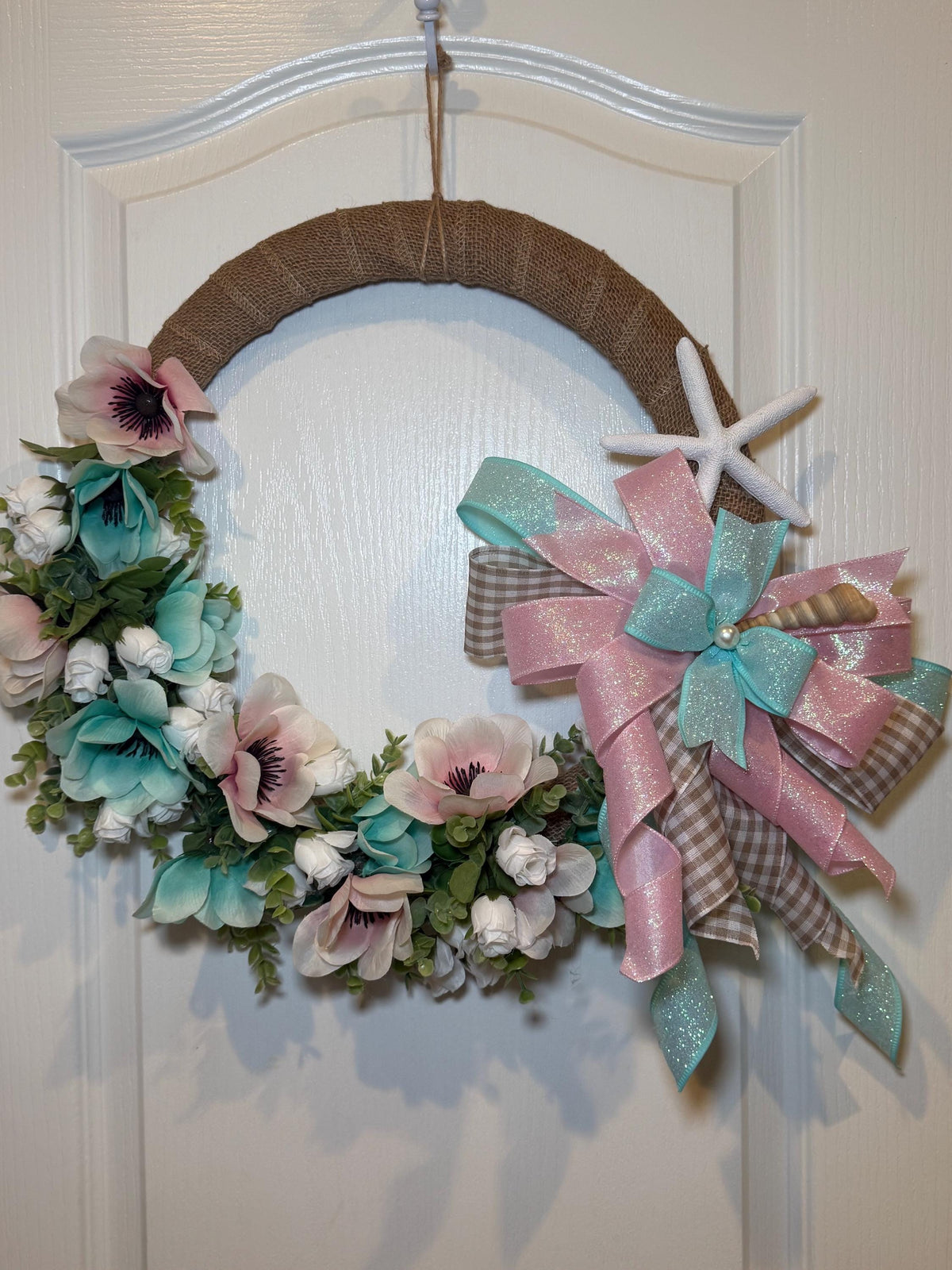 Blush Pink Aqua Coastal Wreath, Burlap Beach House Starfish, Spring Summer Front Door Wreath