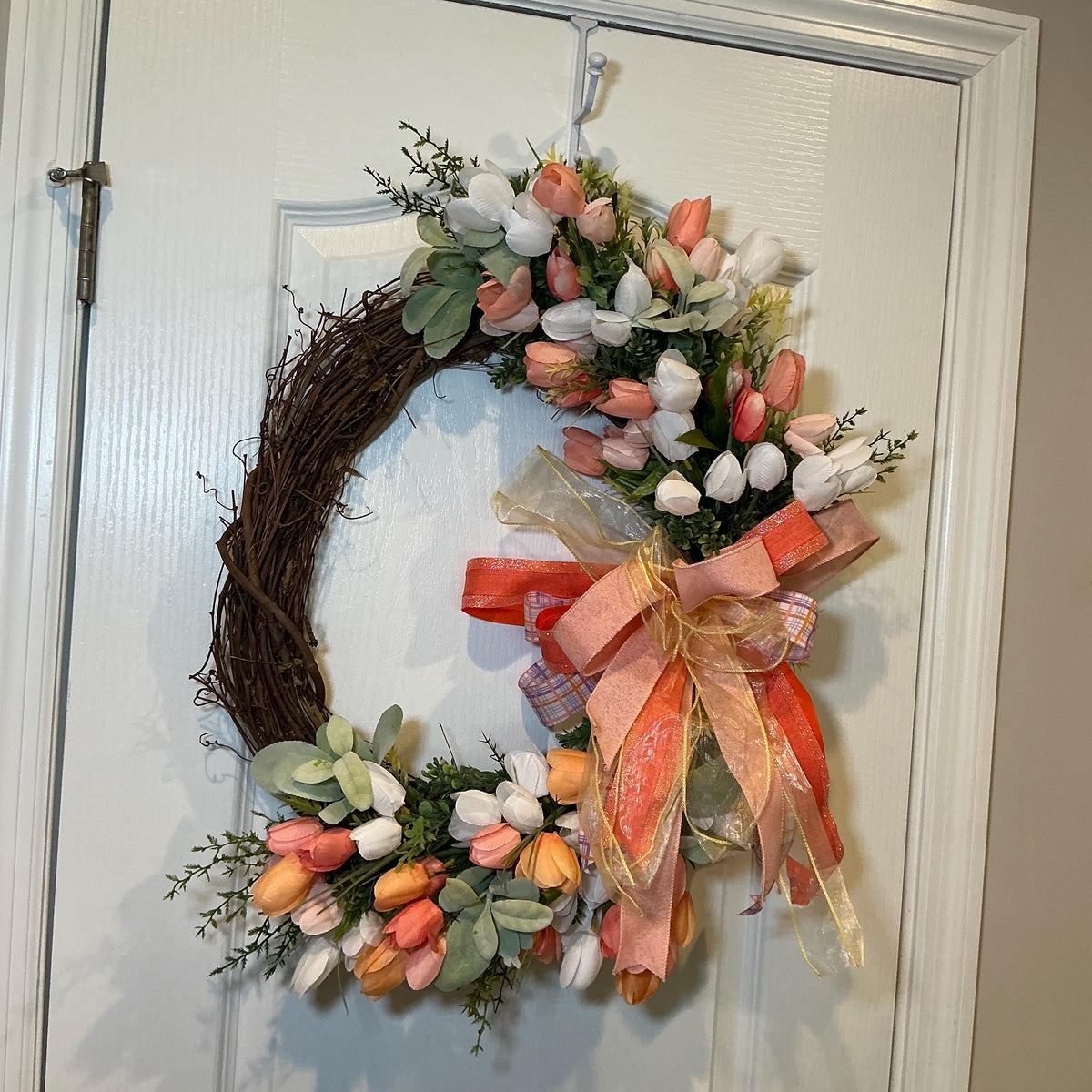 Grapevine Tulip Wreath, Peach Coral Spring Decor, Farmhouse Front Door Accent, Gold Ribbon Bow